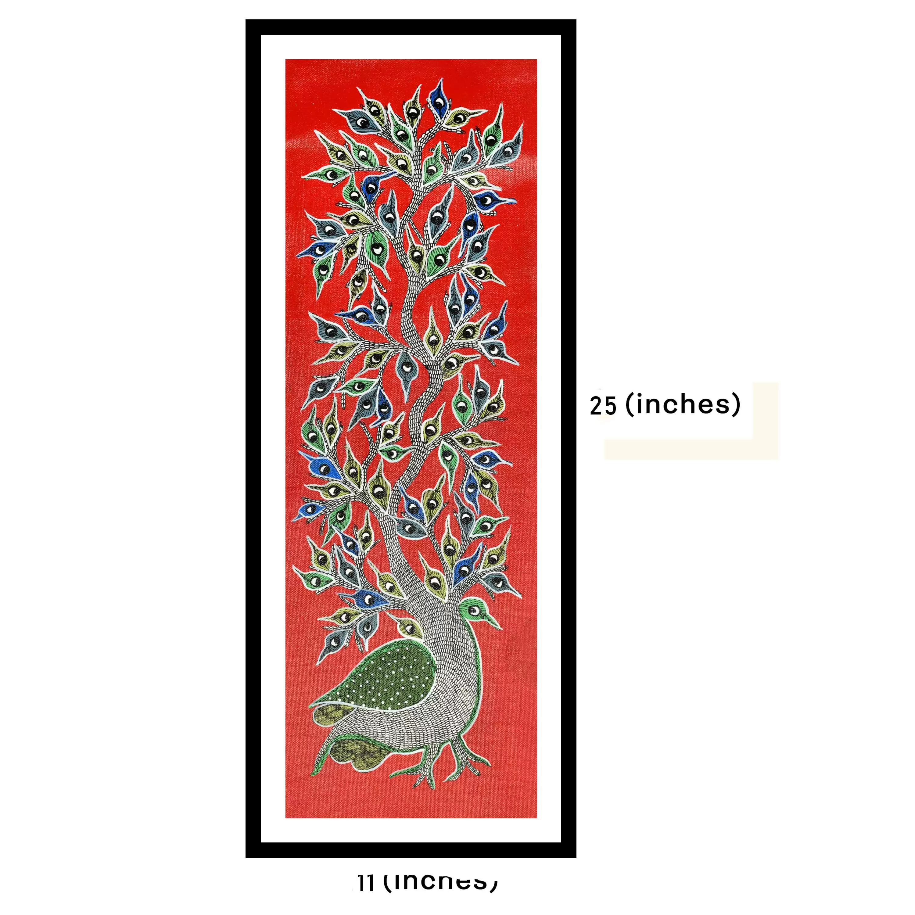 Framed Gond Art Painting of Peacock & Tree | Traditional Gond Painting for Home & Office Wall Art Decor